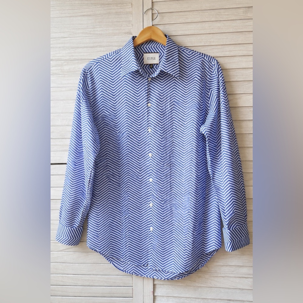 Thomas Pink Blue White Chevron Shirt Size 8 Button Down Office Chic Classic